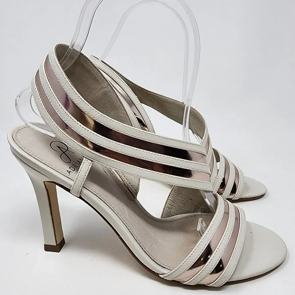 Adrianna Papell Edison Heel 6.5M Strappy Cream Leather Rose Gold Metallic Stripe